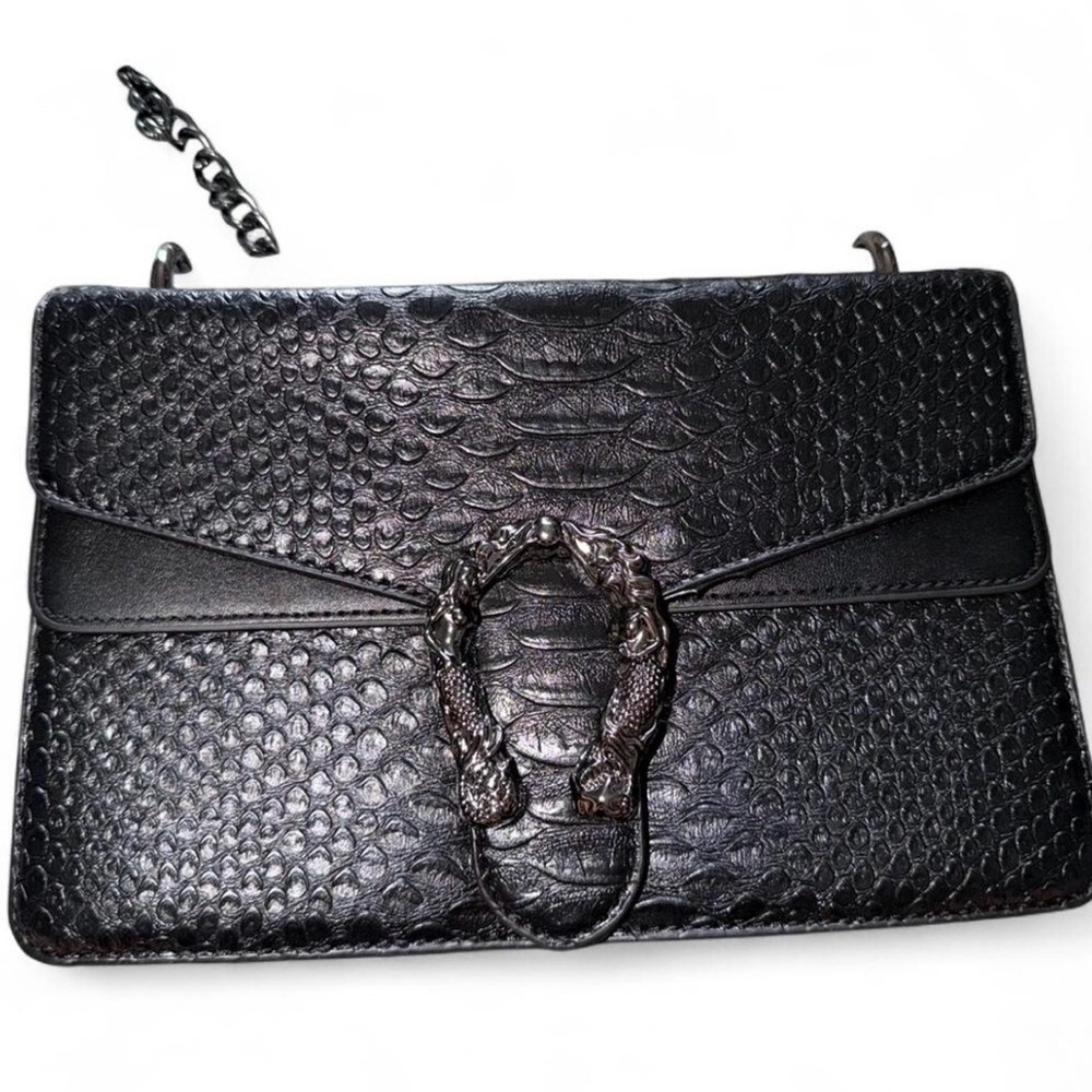 Black Textured Crossbody Bag with Decorative Metal Buckle